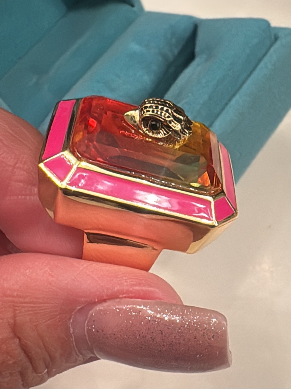 Kurt Geiger Gold-Tone Pink & Orange Cocktail Ring size 8 with new in box
